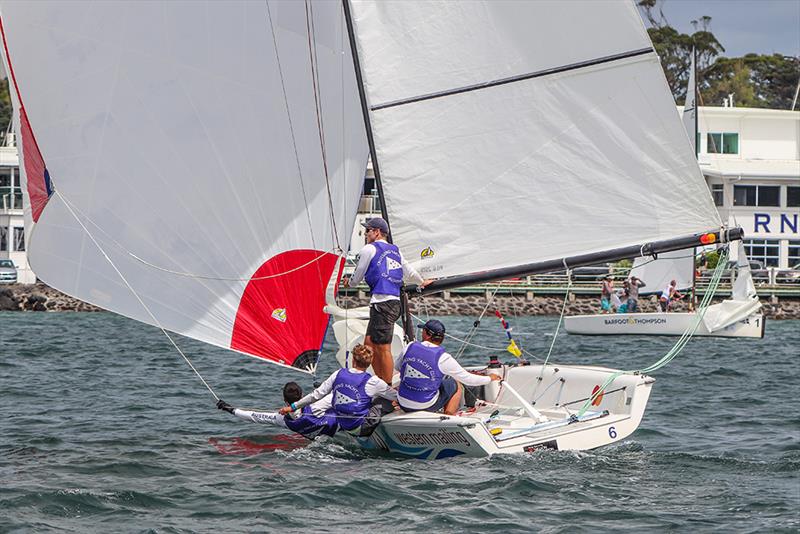 Hodgson and crew en route to winning the Youth World Championships photo copyright Andrew Delves taken at Royal New Zealand Yacht Squadron and featuring the Elliott 6m class