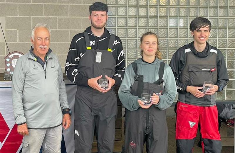 Race officer David Campbell-James with second overall team Barty Gray, Adela Wilson, Harrison Procter at the Hyde Sails Under-19 Match Racing Championship - photo © British Keelboat Sailing