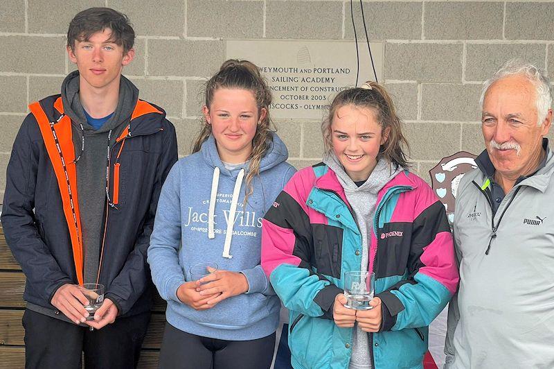 Third placed overall team Matt Lloyd, Amelia Eaton and Eva Miller with race officer David Campbell-James at the Hyde Sails Under-19 Match Racing Championship photo copyright British Keelboat Sailing taken at Weymouth & Portland Sailing Academy and featuring the Elliott 6m class