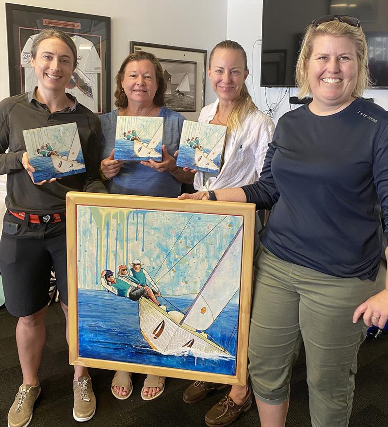 Winning team Bing Pot! (l-r) Danielle Kennedy (helm); Margaret Scott, Emma-Karin Millers, with MYC Women's coach, Kristen Davidson and the new perpetual MWKR trophy, painted and donated by Amanda Davidson - 2021 Mooloolaba Women's Keelboat Regatta photo copyright Mooloolaba Yacht Club taken at Mooloolaba Yacht Club and featuring the Elliott 6m class