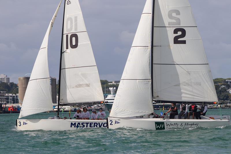 Thomson and 2.0 Racing keeping their bow in front of Braedyn Denney - Harken NZ Match Racing Championship - Royal NZ Yacht Squadron - January 22-24, 2022 - photo © William Woodworth - RNZYS Media