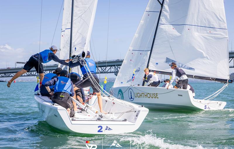 Josh Hyde and Daniel Kemps teams in pre-start for the deciding race - Youth International Match Racing Cup - RNZYS - March 7-10, 2024 photo copyright Suellen Hurling taken at Royal New Zealand Yacht Squadron and featuring the Elliott 7 class