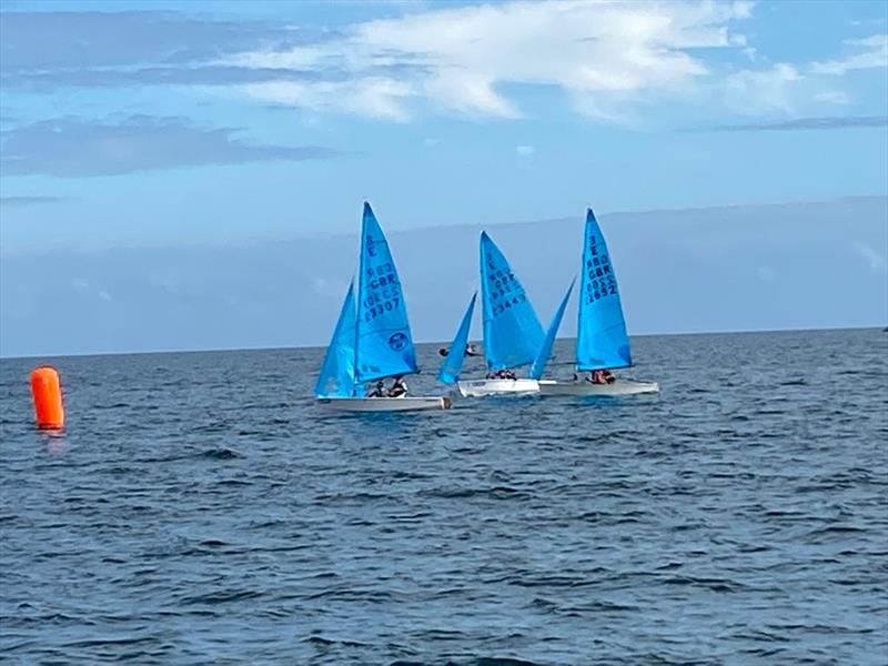 Leaders of race 2 at the final leeward mark on day 1 of the Enterprise Nationals at Tenby - photo © Nigel Denchfield