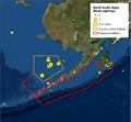 Figure 1. Currently designated North Pacific right whale critical habitat (orange) and additions to critical habitat as requested in a petition submitted to NOAA Fisheries (red)