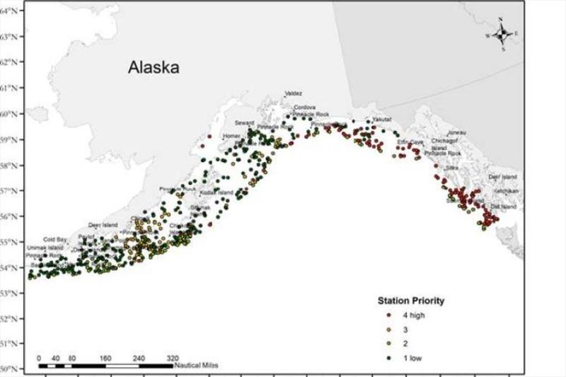 Map of data collection points in the Gulf of Alaska for measuring coral and sponge density and diversity. Color of points indicates priority for sampling a given location photo copyright Sean Rooney, NOAA taken at  and featuring the Environment class