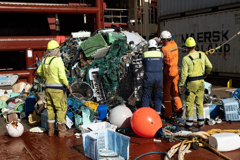 Plastic extraction from System 002, The Ocean Cleanup's ocean system cleaning the Great Pacific Garbage Patch. Many crates and buoys originating from fishing activities can be seen in the catch photo copyright The Ocean Cleanup taken at  and featuring the Environment class