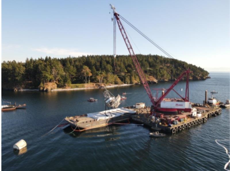 Aleutian Isle being lifted out of the water and onto the barge on September 21, 2022 photo copyright Washington Department of Ecology taken at  and featuring the Environment class