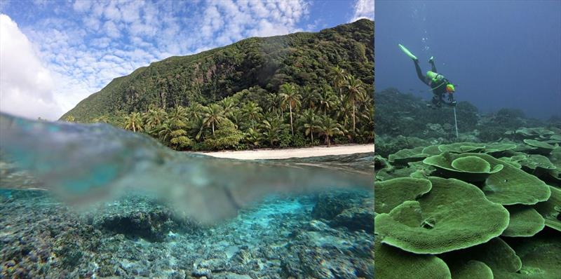 Left: A scientist pauses to capture a photo of Ofu Island while conducting a survey on the backreef. Credit: NOAA Fisheries/Evan Freel, 2018. Right: Scientist Chelsie Counsell takes photos of the reef at Ta'u - photo © NOAA Fisheries 2018