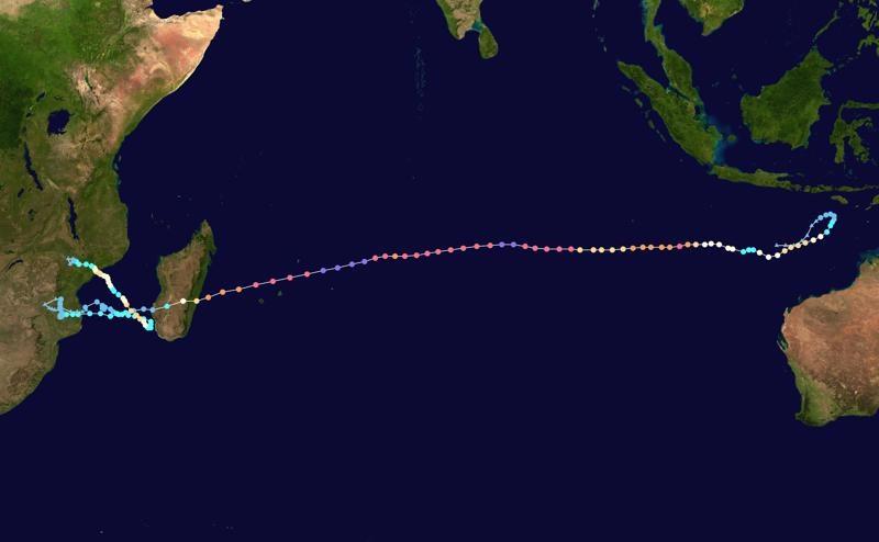 Track map of Severe Tropical Cyclone Freddy. The background image is from NASA. Tracking data is from NRL and NOAA photo copyright NASA taken at Ocean Cruising Club and featuring the Environment class