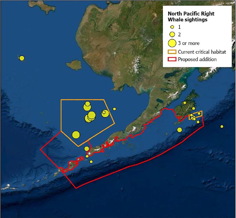 Figure 1. Currently designated North Pacific right whale critical habitat (orange) and additions to critical habitat as requested in a petition submitted to NOAA Fisheries (red) photo copyright NOAA Fisheries taken at  and featuring the Environment class