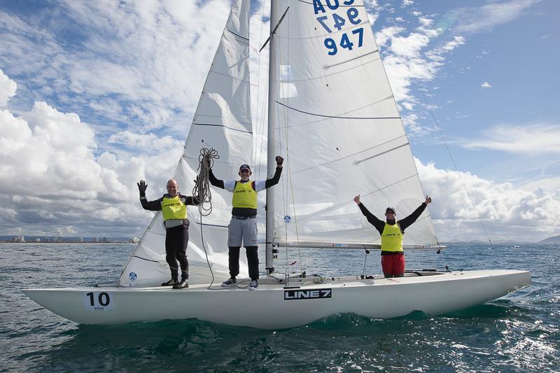 Team Magpie celebrates after cementing their win – James Mayo, Steve Jarvin and Graeme Taylor - in the Line 7 Etchells Australasian Championship at Mooloolaba photo copyright Alex McKinnon Photography taken at Mooloolaba Yacht Club and featuring the Etchells class