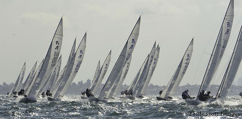 Part of the fleet comes into the weather mark on day 1 of the 2018 Etchells World Championship photo copyright Emily Scott Images taken at Royal Queensland Yacht Squadron and featuring the Etchells class