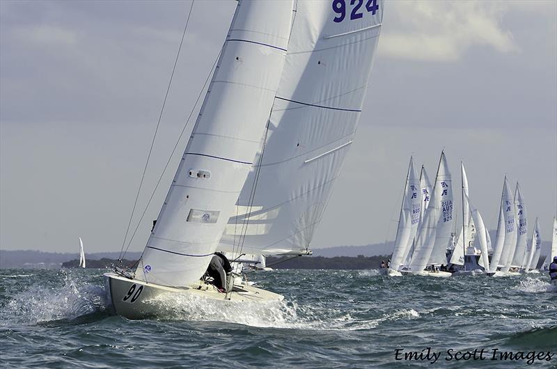 Team Barry (90), Damien King, Jeremy O'Connell, Eliza Solly and Ashley Stoddart, take part of the fleet up to the weather mark on day 1 of the 2018 Etchells World Championship - photo © Mitch Pearson / SurfSailKite