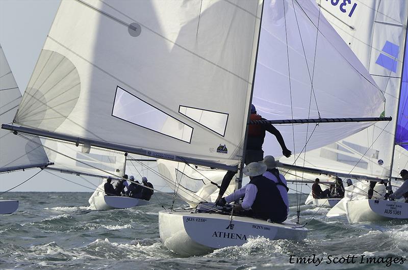 Heading downwind with Athena (Alistair Cowen, Mike Allan and Brad Warneke) on day 1 of the 2018 Etchells World Championship photo copyright Emily Scott Images taken at Royal Queensland Yacht Squadron and featuring the Etchells class