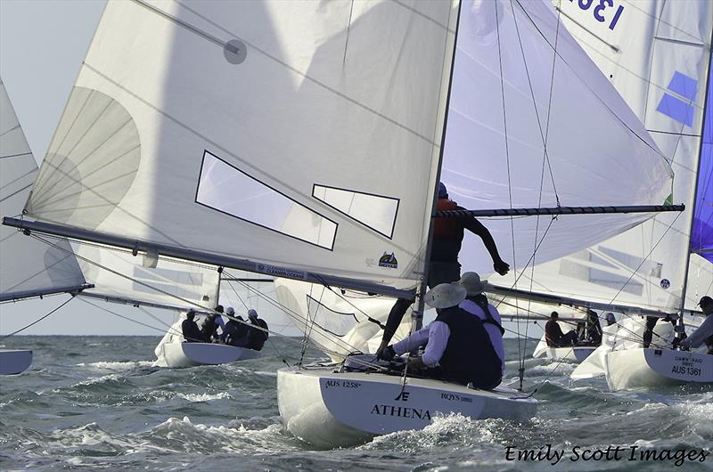 Heading downwind with Athena (Alistair Cowen, Mike Allan and Brad Warneke) on day 1 of the 2018 Etchells World Championship - photo © Emily Scott Images