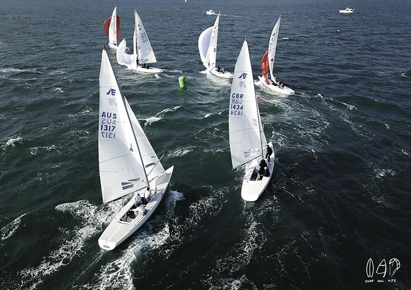 Rounding the clearance mark and setting spinnakers for home on day 1 of the 2018 Etchells World Championship photo copyright Mitch Pearson / SurfSailKite taken at Royal Queensland Yacht Squadron and featuring the Etchells class