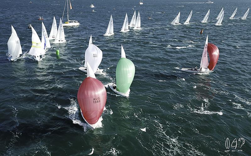 Part of the fleet at the windward mark on day 1 of the 2018 Etchells World Championship photo copyright Mitch Pearson / SurfSailKite taken at Royal Queensland Yacht Squadron and featuring the Etchells class