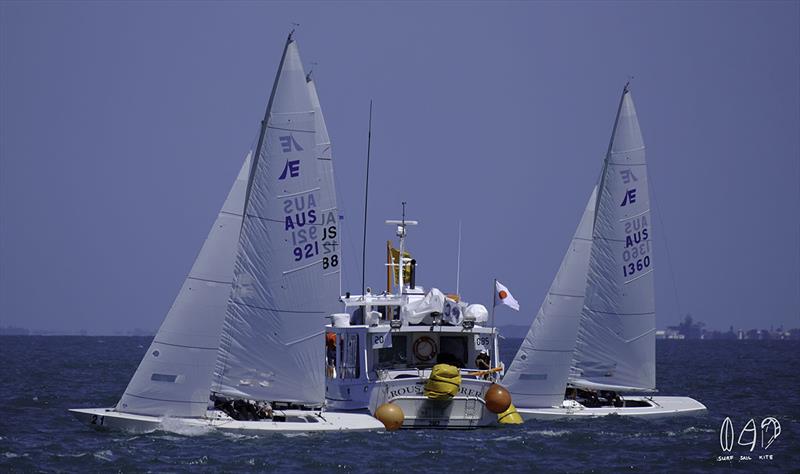 The Committee Boat was again popular today, but did not get any more kisses on the final day of the 2018 Etchells World Championship - photo © Mitchell Pearson / SurfSailKite