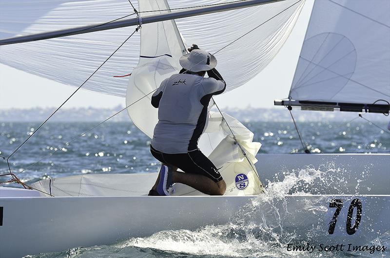 On the bow of Encore on the final day of the 2018 Etchells World Championship photo copyright Emily Scott Images taken at Royal Queensland Yacht Squadron and featuring the Etchells class