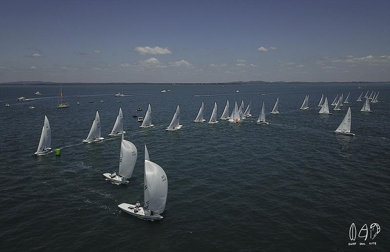 Heading downwind as the bulk of the fleet first rounds the weather mark and then the clearance mark (green) on the final day of the 2018 Etchells World Championship photo copyright Emily Scott Images taken at Royal Queensland Yacht Squadron and featuring the Etchells class