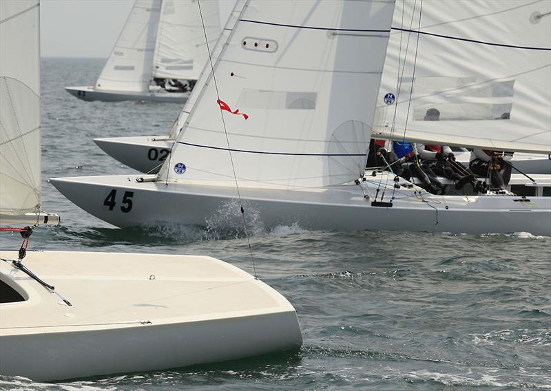 The red backstay ribbons are the Class' mark for all that is affected by Australia's bushfires on day 2 of the 2020 Etchells Australian Championship photo copyright John Curnow taken at Royal Brighton Yacht Club and featuring the Etchells class