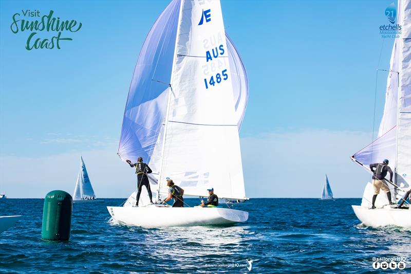 First Tracks leading around the final top mark at the Etchells Australian Nationals photo copyright Nic Douglass / www.AdventuresofaSailorGirl.com taken at Mooloolaba Yacht Club and featuring the Etchells class