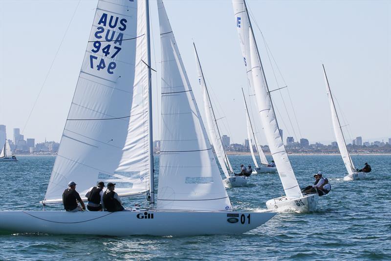 Magpie skippered by Greame Taylor and crewed by James Mayo and Steve Jarvin leading the way to the top mark for the first time in the second race - a 17th and a bullet has the AUS Champs in sixth place overnight photo copyright Alex McKinnon Photography taken at Royal Brighton Yacht Club and featuring the Etchells class