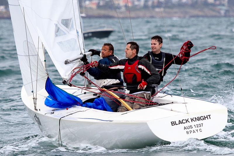 All hands on deck. Black Knight Skippered by Stuart Bloom and crewed by Justin Strickland and James Bacon. - photo © Alex McKinnon Photography