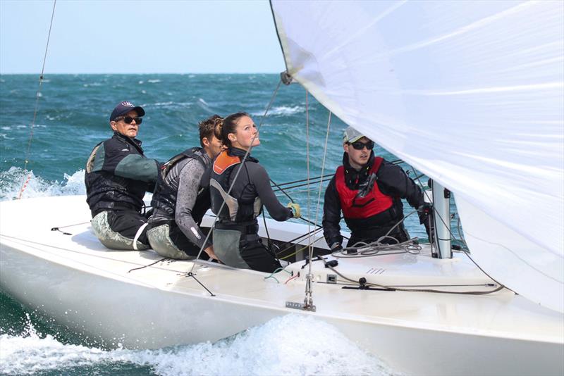 Eliza focusing hard on the kite. Barry skippered by Damien King and crewed by Eliza Solly, James McLennan and Jeremy O'Connell photo copyright Alex McKinnon Photography taken at Royal Brighton Yacht Club and featuring the Etchells class