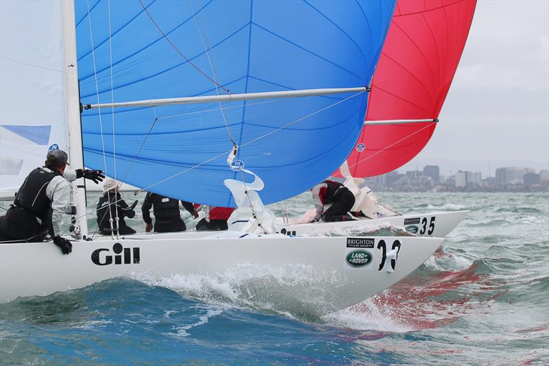 Chris Hampton and his crew, Sam Haines and Charlie Cumbley, on their way to the finish and a third in the Land Rover Victorian Championship photo copyright Alex McKinnon Photography taken at Royal Brighton Yacht Club and featuring the Etchells class