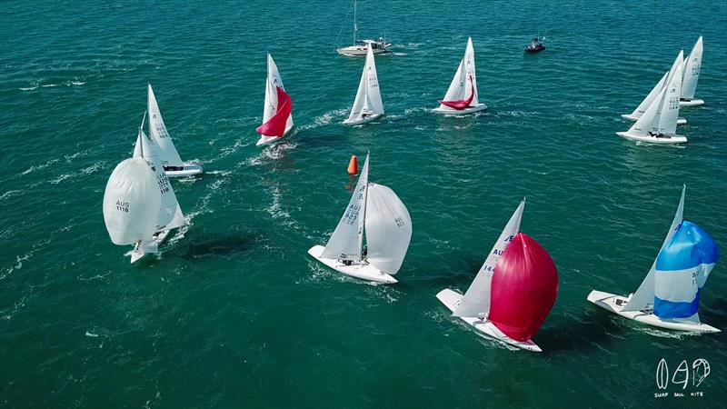 Rounding the windward mark on Moreton Bay photo copyright Mitchell Pearson / SurfSailKite taken at Royal Queensland Yacht Squadron and featuring the Etchells class