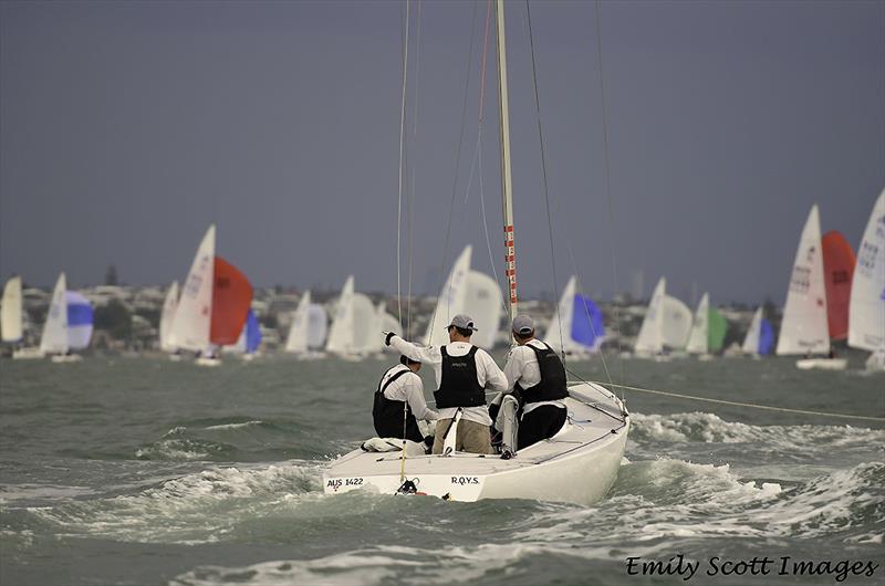 Heading home under tow is local boat, Land Rat, AUS 1422, John Warlow, Todd Anderson and Curtis Skinner - 2018 Etchells World Championship - photo © Emily Scott Images