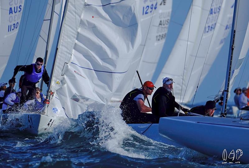 Grand V with the loose halyard and Magpie head to the clearance mark photo copyright Mitchell Pearson / SurfSailKite taken at Royal Queensland Yacht Squadron and featuring the Etchells class
