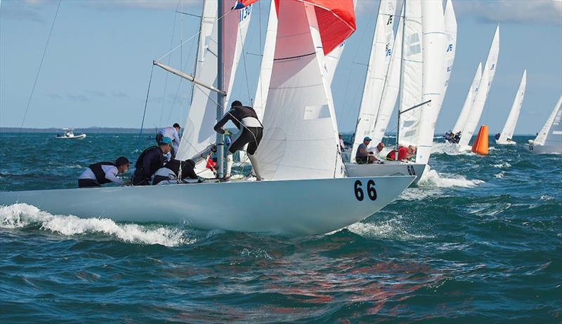 Highlander setting up for the kite hoist photo copyright John Curnow taken at Royal Queensland Yacht Squadron and featuring the Etchells class