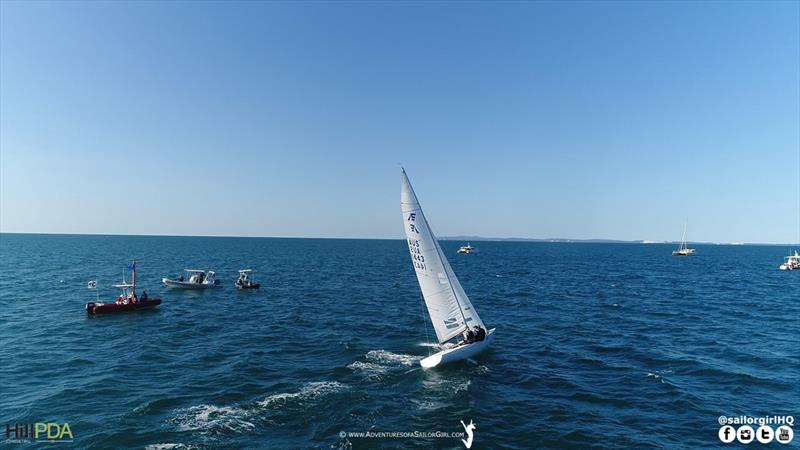 Chris Hampton crosses the line to take race 2 - 2018 Etchells World Championship - Day 2 photo copyright Nic Douglass / www.AdventuresofaSailorGirl.com taken at Royal Queensland Yacht Squadron and featuring the Etchells class