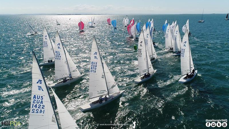 The fleet heads around the top mark on day two - 2018 Etchells World Championship - Day 2 - photo © Nic Douglass / www.AdventuresofaSailorGirl.com