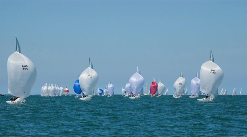 GenXY (left) and Top 40 (right) racing for the finish of Race Three photo copyright John Curnow taken at Royal Queensland Yacht Squadron and featuring the Etchells class