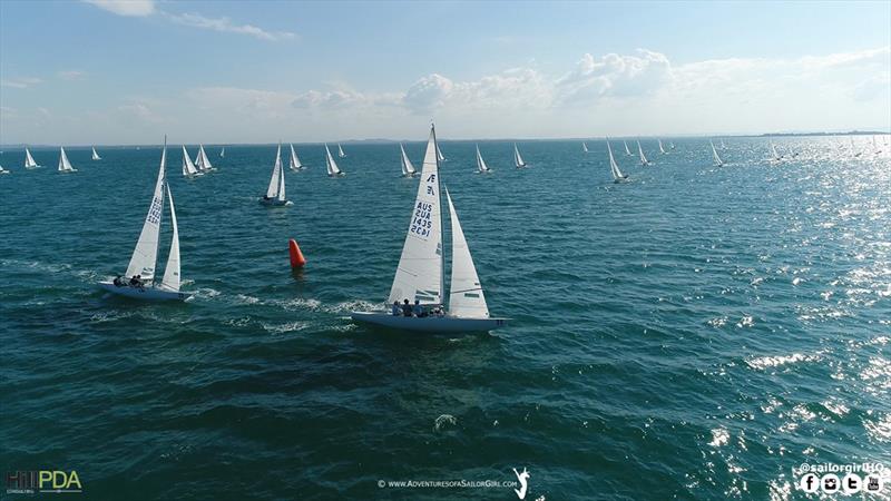 JC leads around the top mark in race four - 2018 Etchells World Championship - Day 3 photo copyright Nic Douglass / www.AdventuresofaSailorGirl.com taken at Royal Queensland Yacht Squadron and featuring the Etchells class