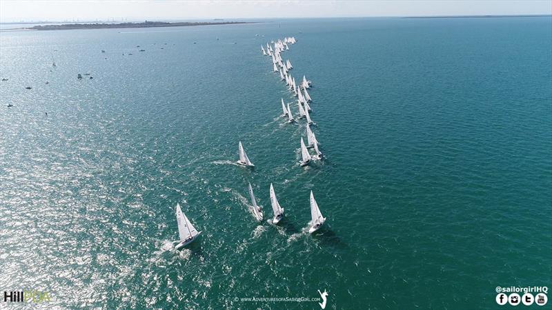 Start of race four from the sky - 2018 Etchells World Championship - Day 3 photo copyright Nic Douglass / www.AdventuresofaSailorGirl.com taken at Royal Queensland Yacht Squadron and featuring the Etchells class