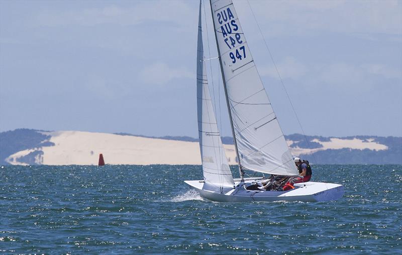Magpie goes of to test the wind before ht start of race 4 on day 2 of the Etchells Australian Championship photo copyright John Curnow taken at Royal Queensland Yacht Squadron and featuring the Etchells class