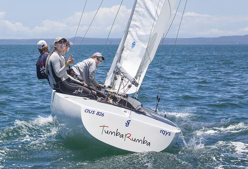 Simone Wood, Thomas Quigley, Adam Lavis, and Samantha Costin (part of the RQYS Youth Development Programme) on day 2 of the Etchells Australian Championship photo copyright John Curnow taken at Royal Queensland Yacht Squadron and featuring the Etchells class