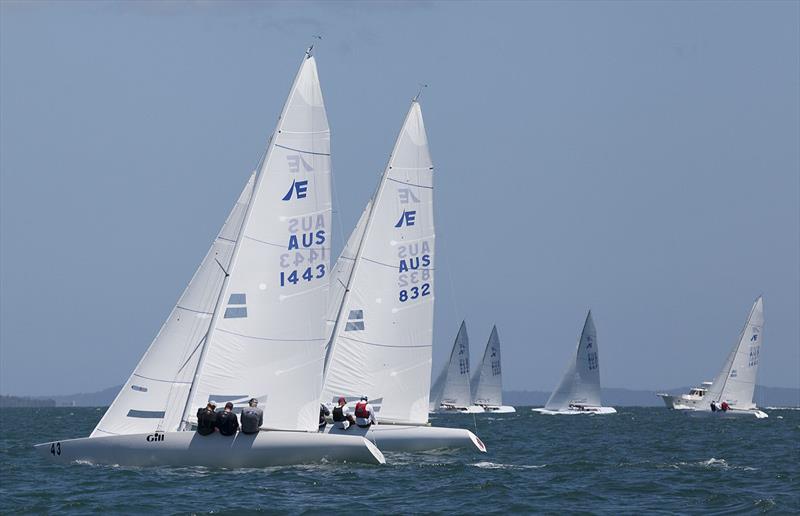 Corinthian leader, Animal House (AUS 832) with Tango (Chris Hampton, Sam Haines and Charlie Cumbley) on day 2 of the Etchells Australian Championship photo copyright John Curnow taken at Royal Queensland Yacht Squadron and featuring the Etchells class