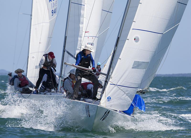 Happy Hour in their first ever Etchells regatta (Drew Carruthers, Becky Moloney, Daniel Moloney, and Mark Matthews) on day 3 of the Etchells Australian Championship photo copyright John Curnow taken at Royal Queensland Yacht Squadron and featuring the Etchells class