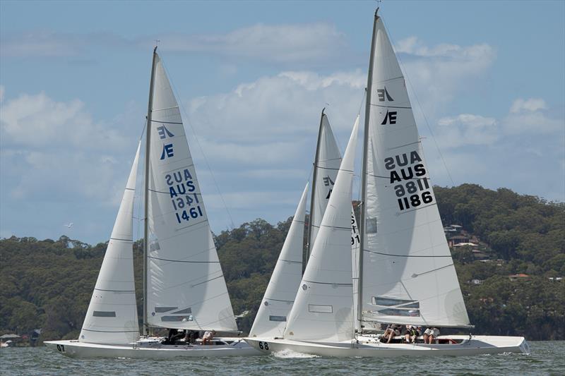 Havoc Skipper Colin Beashel  crew Richard Allanson and Henry Kernot leads Touch Pause Engage Skippered by Michael Stovin-Bradford with crew Andrew Gordon and Stephen Ingate on the way to the top mark for the first time today photo copyright Alex McKinnon taken at Gosford Sailing Club and featuring the Etchells class