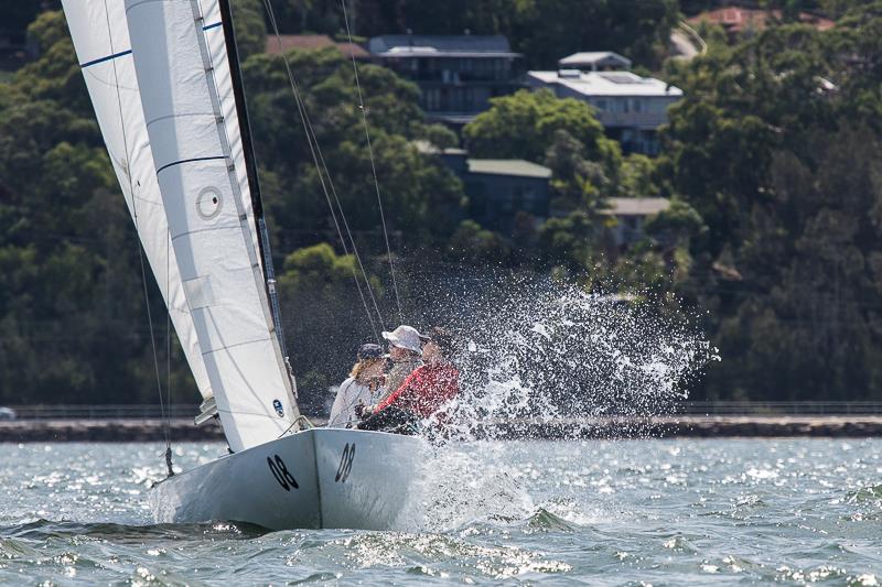 Greenback skippered by Danny Brascher and crewed by Brian Robinson, Amelia Clough - Danny Brascher is experiencing his first regatta as skipper photo copyright Alex McKinnon Photography taken at Gosford Sailing Club and featuring the Etchells class