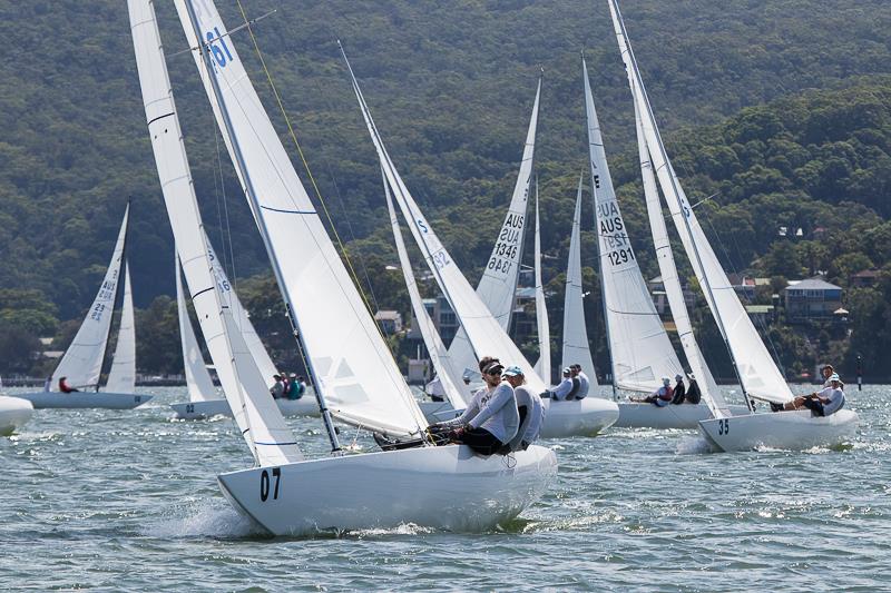 Havoc skippered by Colin Beashel and his crew Richard Allanson and Henry Kernot leads the pack up to the top make in Race Six photo copyright Alex McKinnon Photography taken at Gosford Sailing Club and featuring the Etchells class