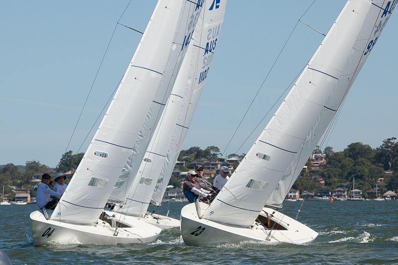 Wobbegong2 Skippered by Doug Flynn and his crew Steve McConaghy and Andrew Smith tussle with Crews Control skippered by Paul Minter and crewed by John Minter and Steve Langton on the way to the finish photo copyright Alex McKinnon Photography taken at Gosford Sailing Club and featuring the Etchells class