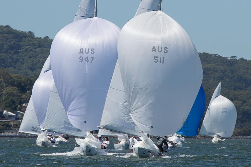 Magpie skippered by Graeme Taylor and crewed by James Mayo and Ben Lamb and Grand V skipper William Dragaville crew Sarah Parker, Jess Angus and Josh Marks in a close tussle to the gate photo copyright Alex McKinnon Photography taken at Gosford Sailing Club and featuring the Etchells class