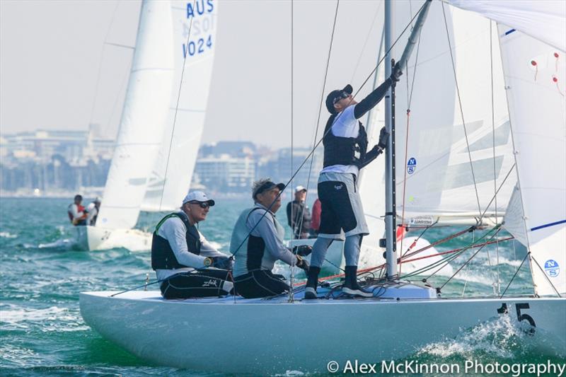 Triad 2 Skippered by John Bertrand and crewed by Bill Browne and Glen Ashby setting the spinnaker for the first time in race 2 of the day - Etchells and 9er Championship, Day 1 photo copyright Alex McKinnon Photography taken at Royal Geelong Yacht Club and featuring the Etchells class