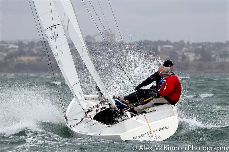 Should'a Gone Left skippered by Peter Coleman and his crew Ben Lamb and Ben Morrison-Jack making their way to the weather mark for the first time photo copyright Alex McKinnon Photography taken at Royal Geelong Yacht Club and featuring the Etchells class